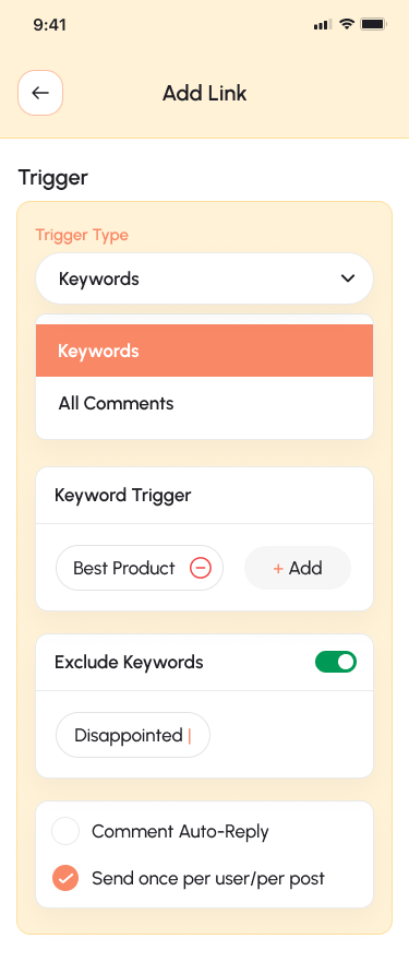 replyrush auto dm trigger keyword, exclude keywords