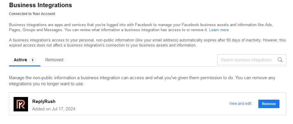 business integration facebook to replyrush